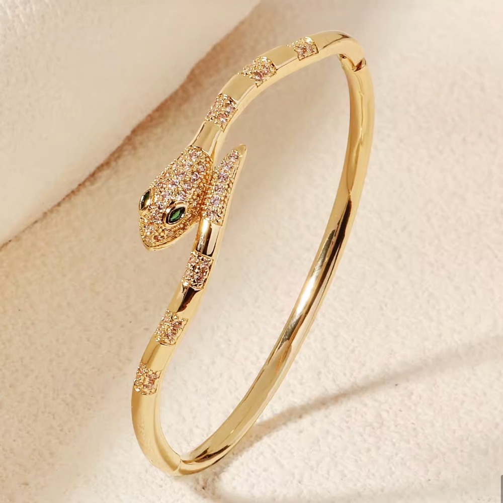Gold Copper + Zirconium Wavy Snake Bangle Bracelet